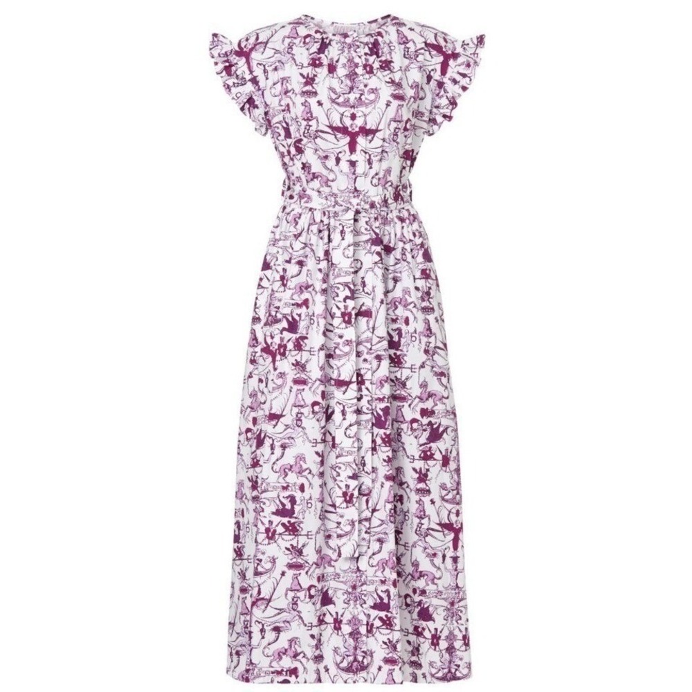 Patou White Purple Toile Flutter Sleeve Maxi Dress Size 36 or US Size 2 - Picture 7 of 14